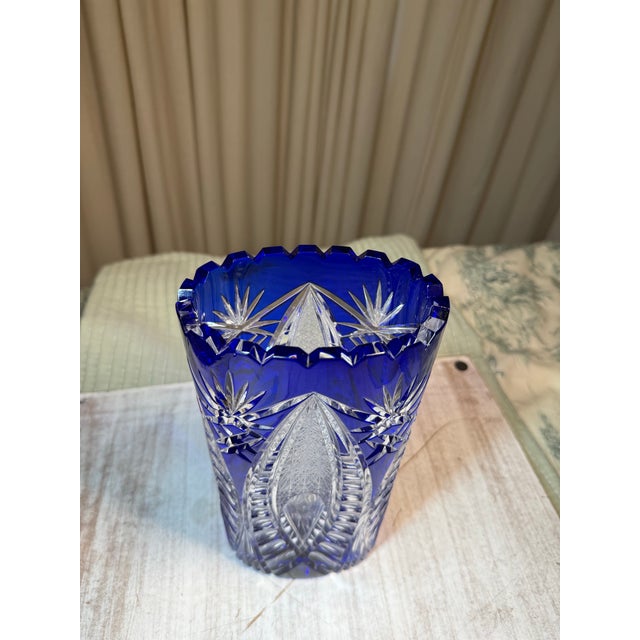 Royal Blue 1960s German Cut to Clear Cobalt Oval Starburst Vase For Sale - Image 8 of 12