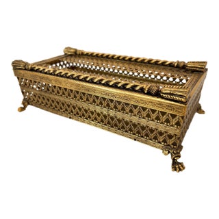 Hollywood Regency Rope and Tassel Gilt Filigree Tissue Box Holder With Claw Feet For Sale