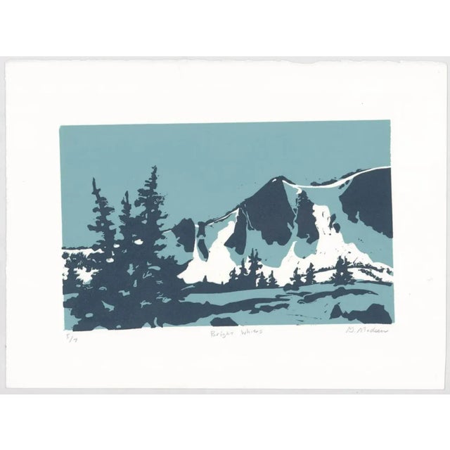 "White Mountain" linocut by Laramie Wyoming artist Ginnie Madsen. Pencil signed, titled and numbered 5 of 7.
