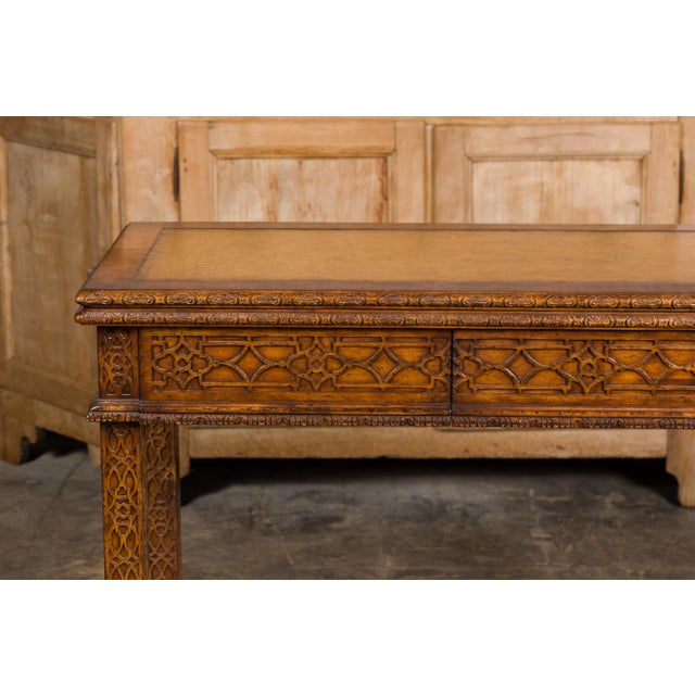 Wood Mid 20th Century English Midcentury Game Table with Leather Top and Abundant Carved Décor For Sale - Image 7 of 12