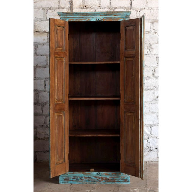 Wood Antique Blue Floral Carved Armoire With Brass Stud Accents – Handcrafted Vintage Storage Cabinet 83x36 For Sale - Image 7 of 7