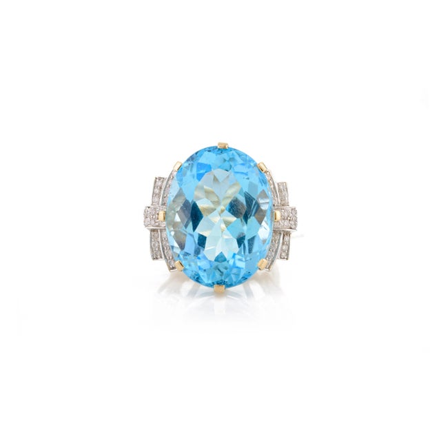 Boho Chic 35.2 Ctw Bohemian Chic Sky Blue Topaz & Diamond Cocktail Ring Size 5 For Sale - Image 3 of 12