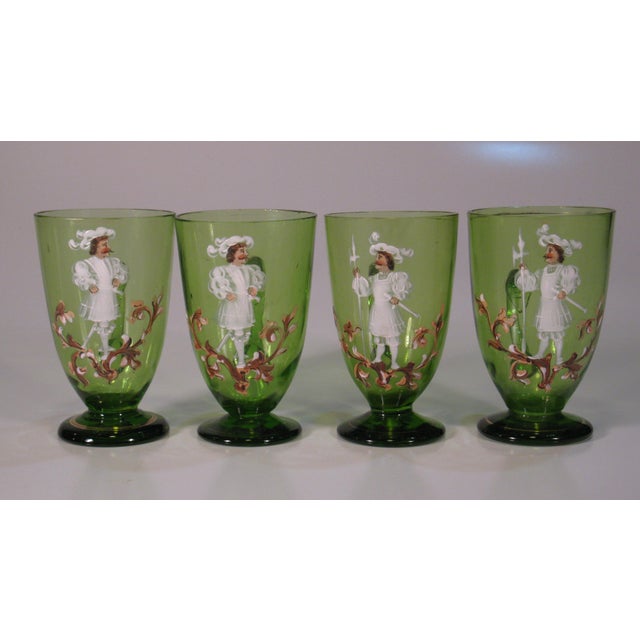 Tea Glass Cups Karl Moser Style Hand Panted Enamel Renaissance Guardsmen Green - Set of 4 For Sale - Image 9 of 17