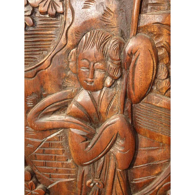 Vintage Oriental Asian Brown Hand Carved Wood Four Panel Screen ~ Room Divider For Sale - Image 13 of 17