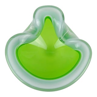 Murano Vintage Opalescent Green White Italian Art Glass Decorative Folded Rim Bowl Ashtray For Sale