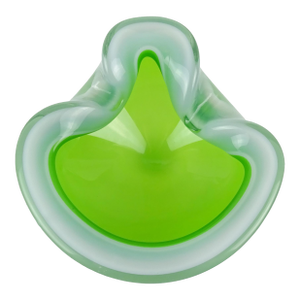 Vintage Murano Opalescent Green White Italian Art Glass Decorative Folded Rim Bowl Ashtray
