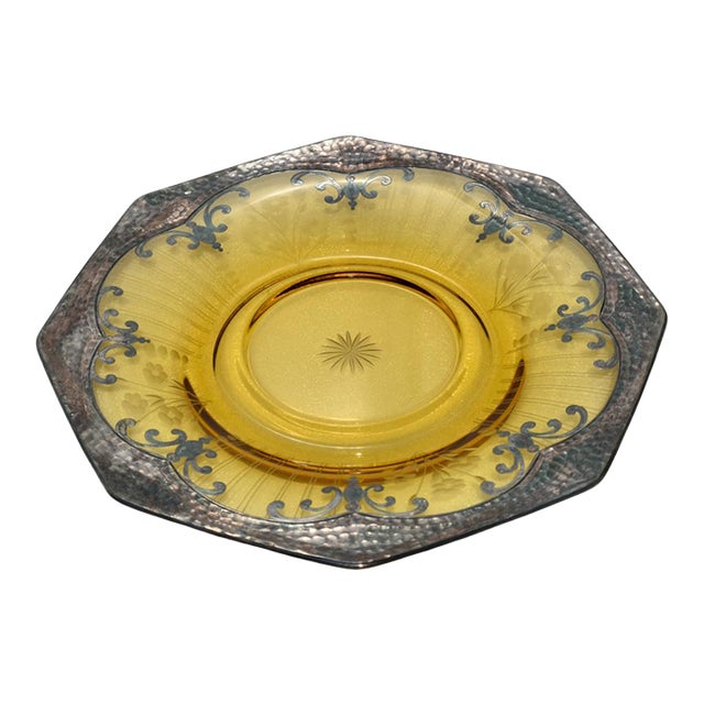 Antique Shaped Amber Etched & Cut Glass Decorative Plate W/Silver Overlay For Sale