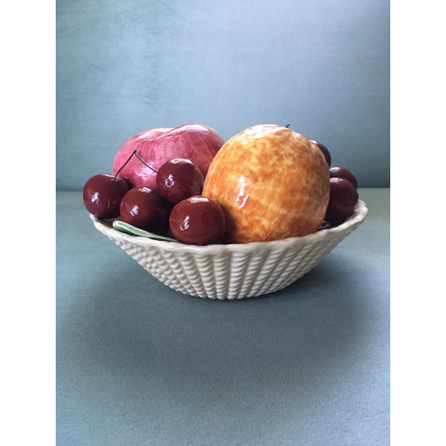 Vintage 1950s Bassano Italy Faux Fruit Woven Basket Ceramic Bowl For Sale - Image 4 of 13