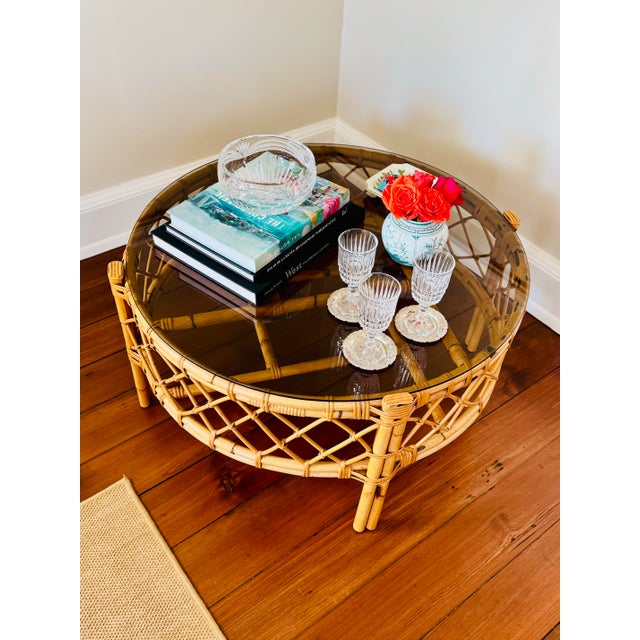 Vintage Round Bamboo and Rattan Coffee Table With Glass Top For Sale - Image 9 of 12