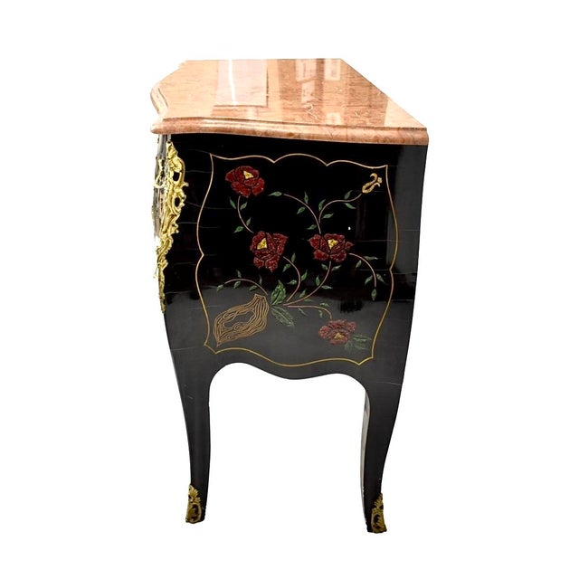 Vintage Louis XV Chinoiserie Style Bronze Mounted Marble Top Lacquered Commode. Commode features two locking draws with...