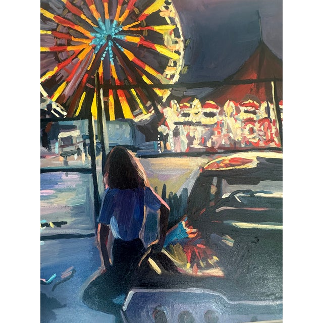 1990s Roger Mason – “Girl Looking at Ferris Wheel” (1990) | Oil on Canvas, 33″ × 30″, Framed For Sale - Image 10 of 18