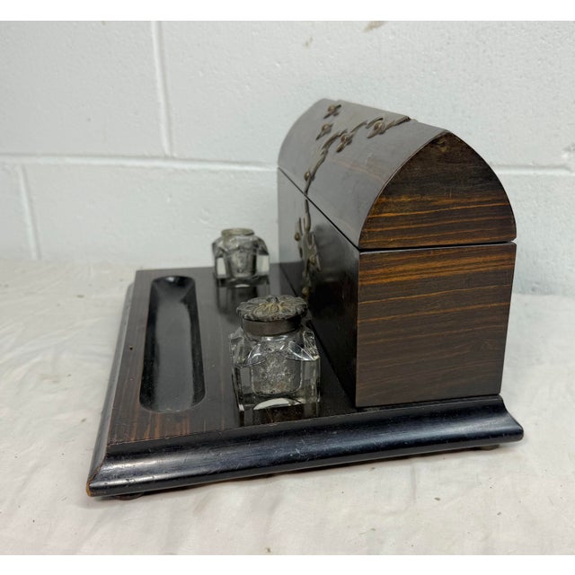 Brass Antique 19th Century Brass Wood English Inkwell Letter Pen Stand Writing Book For Sale - Image 8 of 14