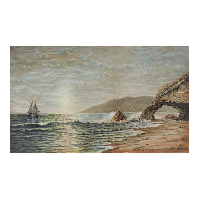 Antique 1903 California Coast Beach Watercolor Painting For Sale