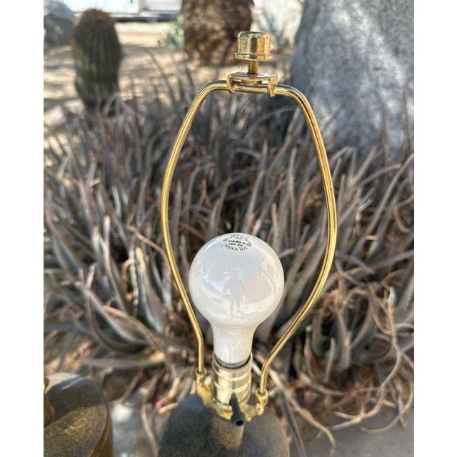 Vintage/Retro Brass Bronze-Tone Ceramic Stoneware Cylindrical Table Lamps - a Pair For Sale - Image 4 of 8