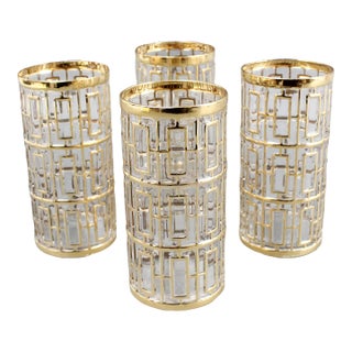 Vintage Imperial Glass Shoji Trellis 22k Gold Highball Glasses Tumblers- Set of 4 For Sale