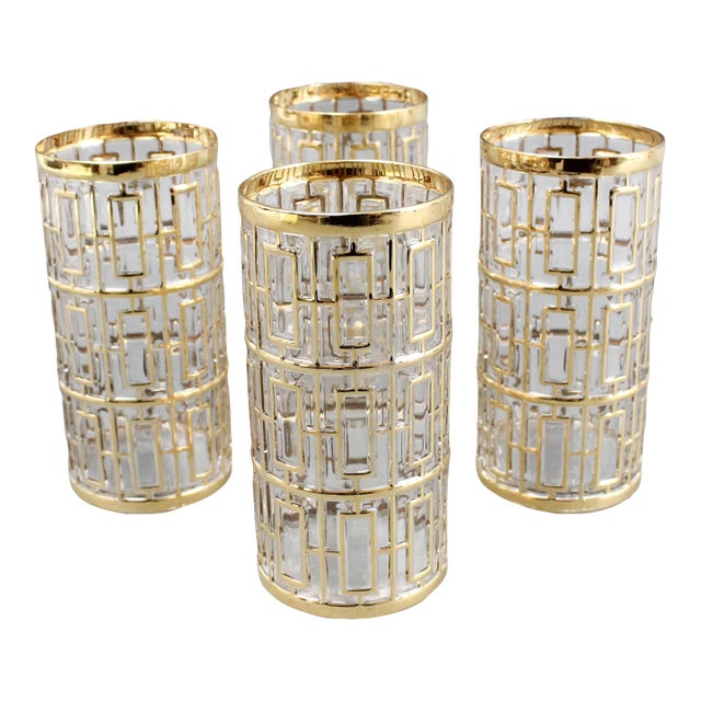 Vintage Imperial Glass Shoji Trellis 22k Gold Highball Glasses Tumblers- Set of 4 For Sale