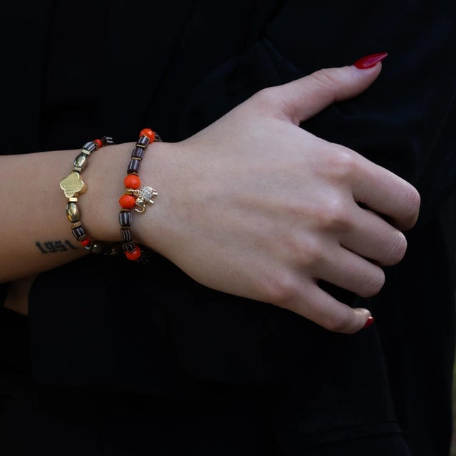 Metal Soulful Journey Gold Beaded Bracelet Set with Heart & Elephant For Sale - Image 7 of 9