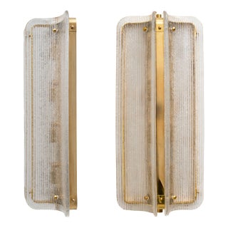Big Curved Clear Ribbed Murano Glass and Brass Wall Sconces, 2000, Set of 2 For Sale