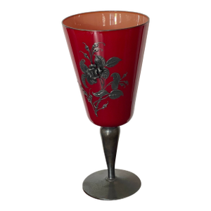 Antique Bohemian Glass Goblet With Silvertone Florals