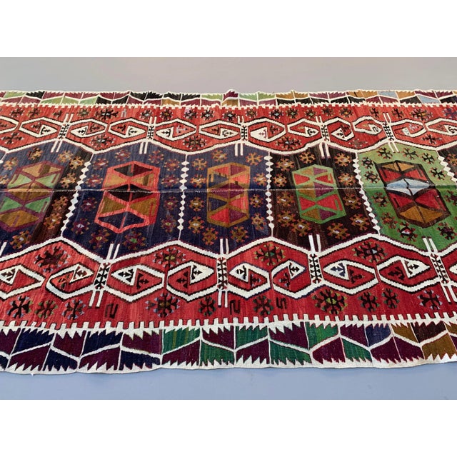 Large Vintage Turkish Red Black Green Wool Kilim Rug For Sale - Image 3 of 12