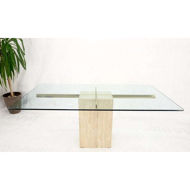 Mid-Century Modern Italian Single Travertine Pedestal Glass Top Dining Conference Table For Sale - Image 3 of 13