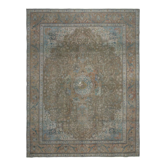 1970s Vintage Persian Handmade Wool Cotton Green Area Rug For Sale