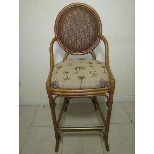 1990s Tommy Bahama Style Barstool Not Swivel Palm Fabric Upholstered Seats- Set of 4 For Sale - Image 12 of 12