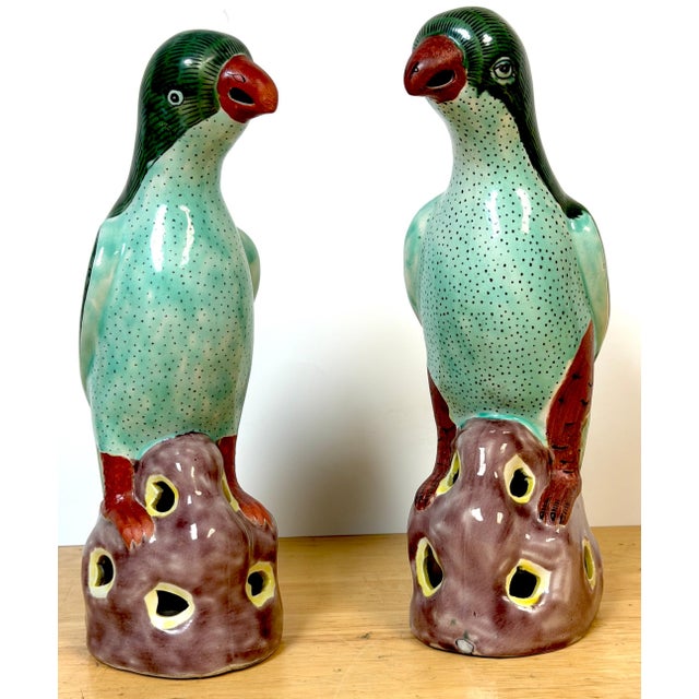 Mid 20th Century Pair 20th Century Chinese Export Famille Verte Porcelain Parrots, Kangxi Style For Sale - Image 5 of 18