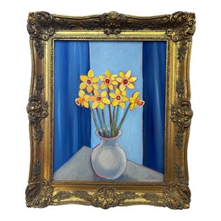 Contemporary Original Alexandra Brown Daffodil Still Life Oil Painting Vintage French Style Frame For Sale