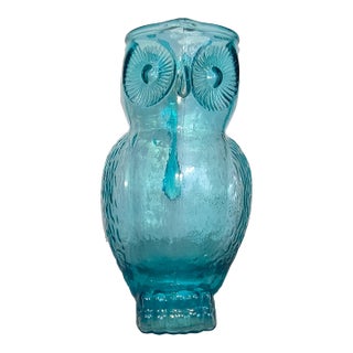 1960s Aqua Glass Vintage Owl Pitcher For Sale