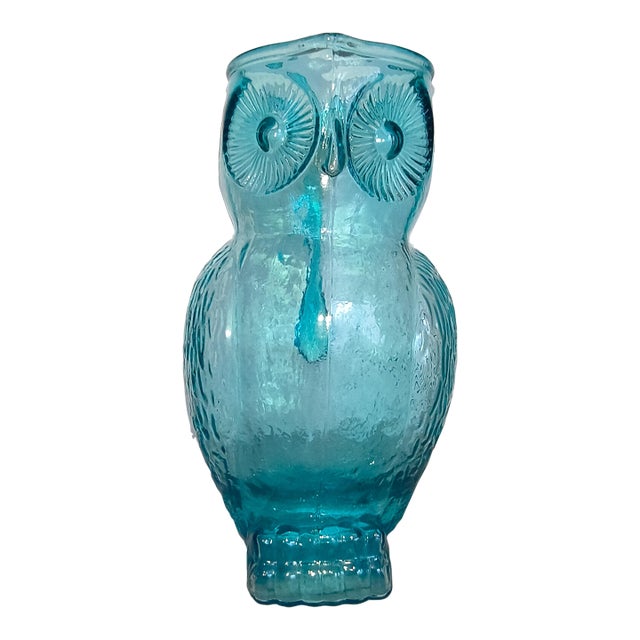 1960s Aqua Glass Vintage Owl Pitcher For Sale