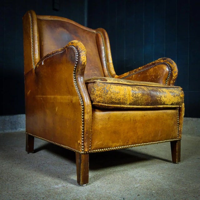 Vintage Leather Wingback Armchair For Sale - Image 3 of 7