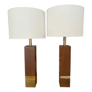 Mid 20th Century Pair of Brass and Wood Column Table Lamps