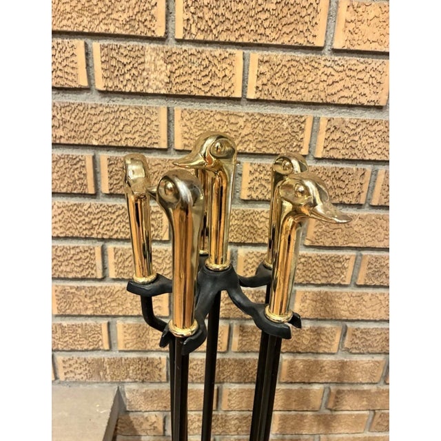 Mid-Century Modern MCM Brass Duck Head Fireplace Tool Set Vintage Mallard Tools + Stand For Sale - Image 3 of 8