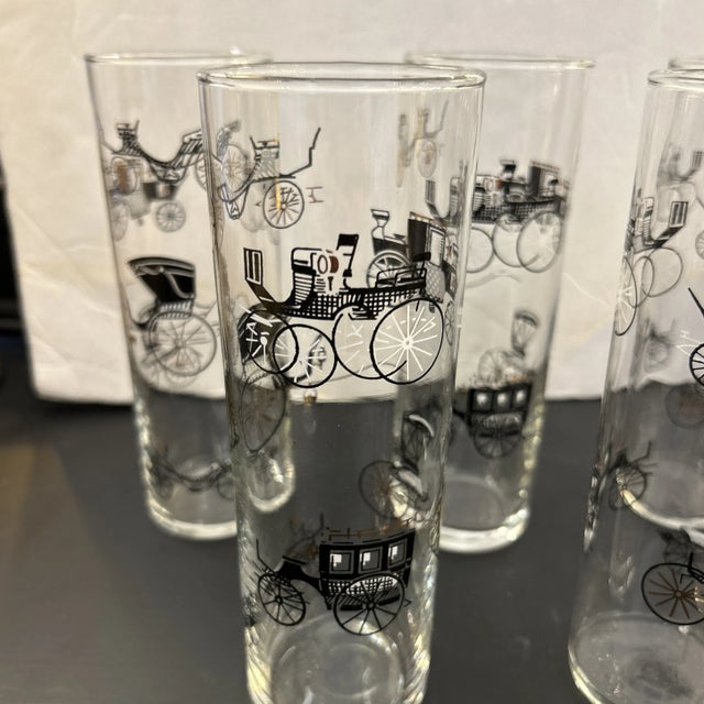 1950s Vintage Buggie Motif Tall Highball Cocktail Glasses Set of 8 For Sale - Image 4 of 8