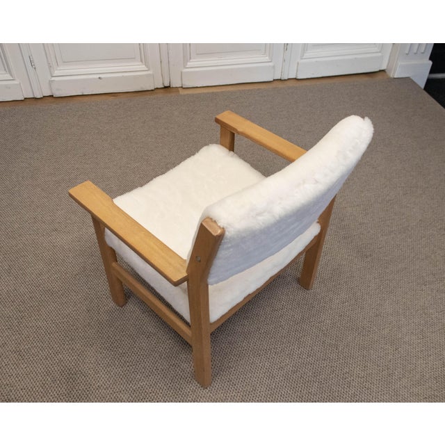 Oak Armchair with White Sheep Fur Upholstery by Hans J. Wegner, 1980s For Sale - Image 9 of 12