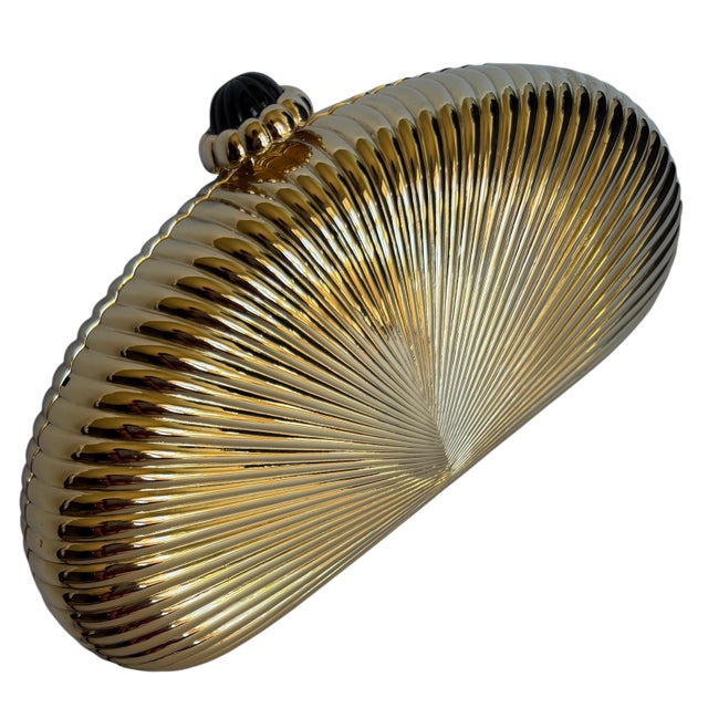 Judith Leiber Gold Ribbed Half Oval Onyx Gem Crystal Minaudiere Evening Bag For Sale - Image 13 of 15