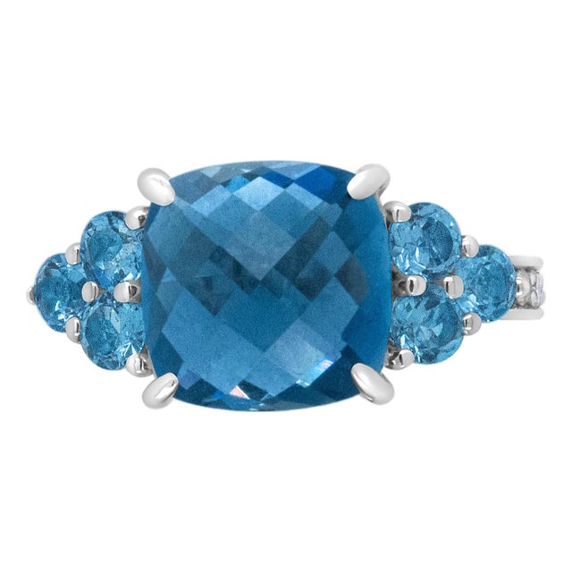 18K White Gold 10mm Cushion Shaped Blue Topaz and 1/6 Cttw Diamond 3 Stone Style Ring, Size 6.5 For Sale