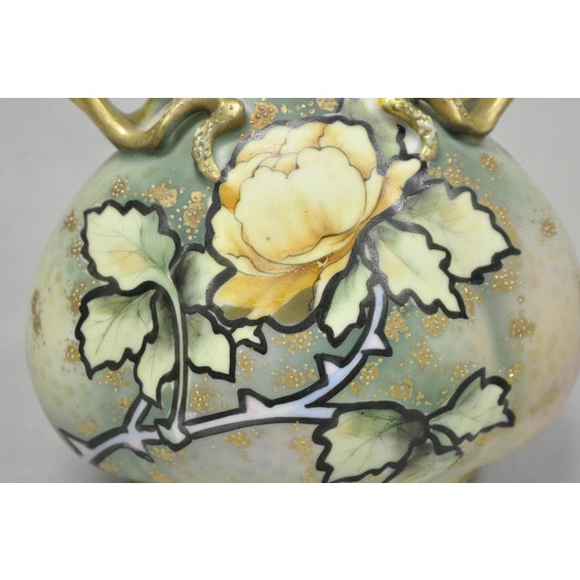 Ceramic Antique Nippon Hand Painted Porcelain Twin Branch Handle Yellow Rose Small Vase For Sale - Image 7 of 13