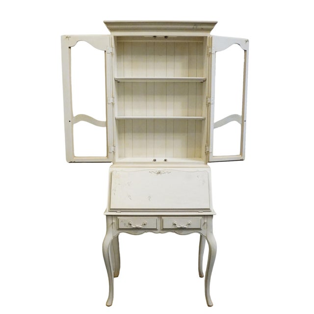 Ethan Allen Ethan Allen Country French Collection Off White 32" Secretary Desk W. Display Hutch - Hand Painted Accents 26-9204 / 26-9205 For Sale - Image 4 of 18