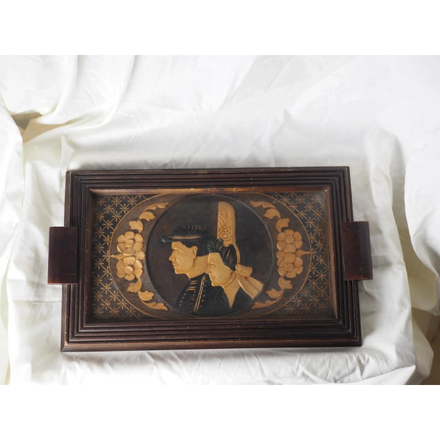 Brown 1930s French Breton Carved Wood Wedding Serving Tray, Couple in Traditionnal Costume For Sale - Image 8 of 11