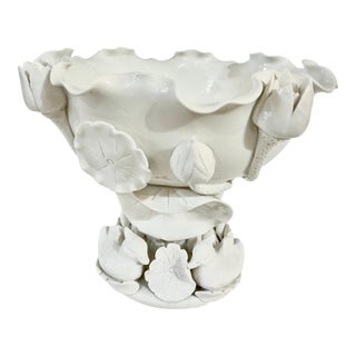 Vintage Blanc De Chine Porcelain Chinese Three Dimensional Floral Pedestal Bowl For Sale