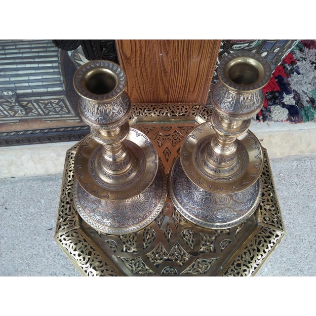 Metal Vintage Middle Eastern Metal Candlesticks With Arabic Writing - a Pair For Sale - Image 7 of 11