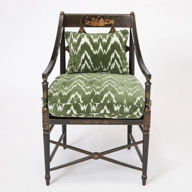 Traditional Regency Style Black Lacquered Armchair by Burton Ching For Sale - Image 3 of 6