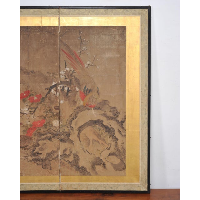18th C. Japanese Edo Two-Panel Screen Pheasants Floral Landscape For Sale - Image 4 of 18