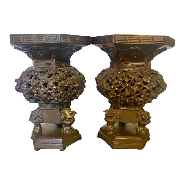 Pair of 1970s Japanese Bronze Vases With Gargoyles For Sale