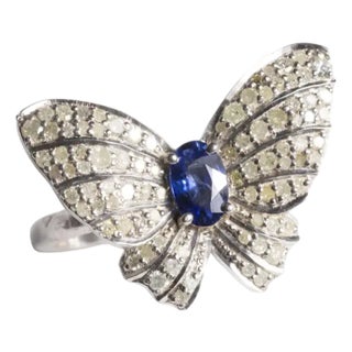 1990s Blue Sapphire and Diamond Buttlerfly Motif Ring, Size 6.75 For Sale