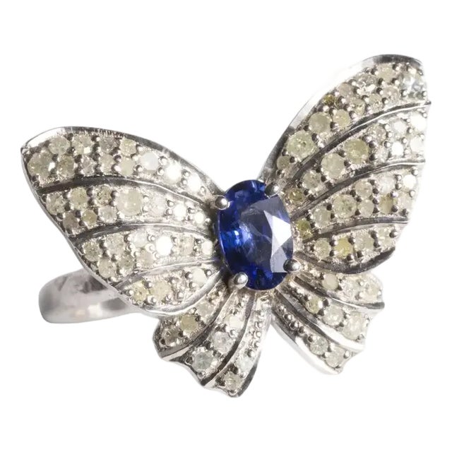 Blue Sapphire and Diamond Butterfly Motif Ring, Size 6.75 For Sale