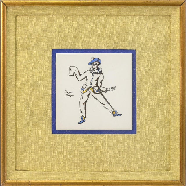 Yellow Piero Fornasetti Maschere Italiane Commedia Dell’Arte 1950s Ceramic Tiles Framed Set of 4 For Sale - Image 8 of 10