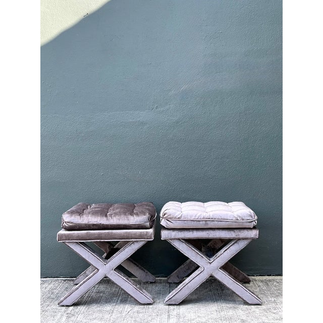 Wood Vintage Tufted Velvet X Benches - A Pair For Sale - Image 7 of 12